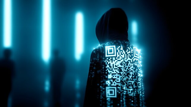 Anonymous figure in a dark environment displays glowing digital patterns on their back