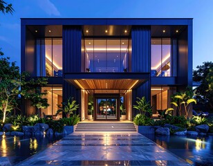Elegant Modern Architectural Entrance Illuminated at Twilight with Reflection Pool.