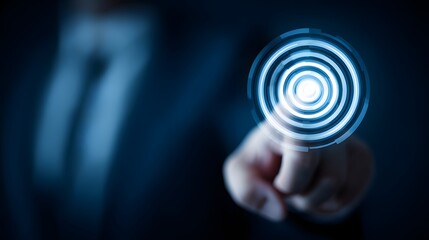 Business professional interacts with a glowing digital concentric circle interface element