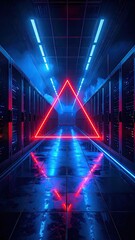Futuristic neon tunnel with glowing red triangle and blue light reflections.