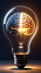 Human Brain Inside a Glowing Lightbulb Symbolizing Innovation and Ideas.