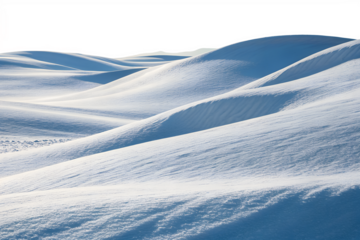 Beautiful pristine white snow dunes rise as gentle rolling hills, displaying soft textures, perfectly isolated on a clear transparent background.