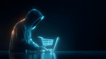 Digital figure wearing a hood works on a portable computer displaying a wireframe shopping cart icon