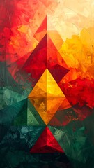 Abstract geometric painting featuring red, yellow, and green diamonds