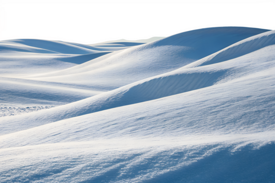 Beautiful pristine white snow dunes rise as gentle rolling hills, displaying soft textures, perfectly isolated on a clear transparent background.