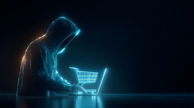 Digital figure wearing a hood works on a portable computer displaying a wireframe shopping cart icon - Powered by Adobe