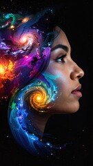 Woman Profile with Cosmic Nebula and Galaxy Swirls in Head.