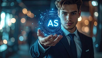 Businessman presenting futuristic digital interface with glowing AI symbol.