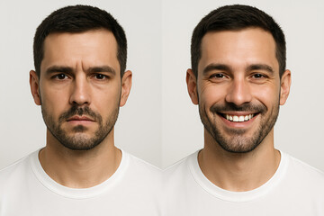 Portrait of man showing angry and happy emotions, emotional contrast face expressions