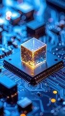 Futuristic glowing cube on computer processor chip circuit board digital innovation.