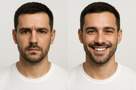 Portrait of man showing angry and happy emotions, emotional contrast face expressions