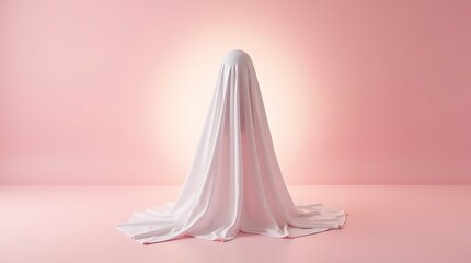 Minimal Ghost Figure in White Sheet on Soft Pink Background for Whimsical Display
