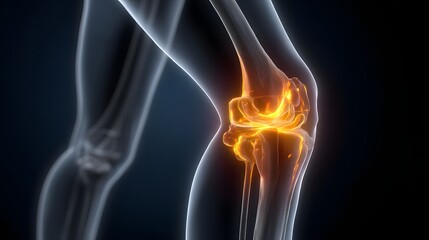 Digital rendering illustrates inflamed human knee joint structure against a dark backdrop