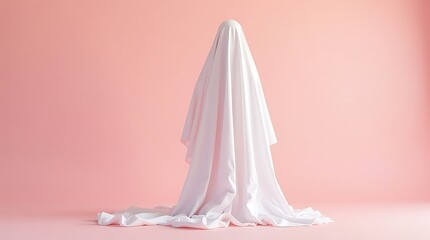 Minimal Ghost Figure in White Sheet on Soft Pink Background for Whimsical Display
