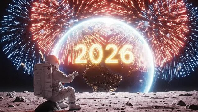 An astronaut on the moon gazes at earth with fireworks and the year 2026, symbolizing future space exploration and celebrations