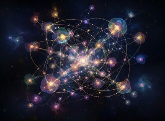 Abstract, glowing network of connections with a cosmic background