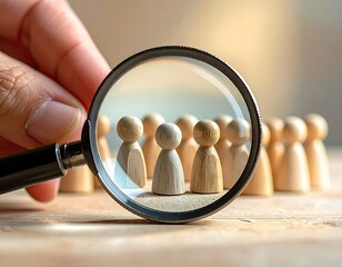 Magnifying glass examining a group of wooden figures representing people selection and focus.
