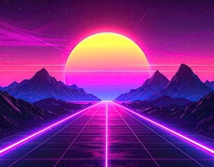 Vibrant Retro Futuristic Sunset Landscape with Neon Grid Road.