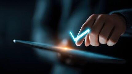 Business professional approves digital transaction on a glowing tablet interface