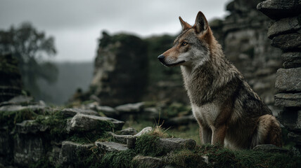 Wolf sitting among ancient stone ruins in misty forest landscape with animals quietly observing surroundings in serene natural setting