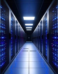 Modern data center server room with glowing blue lights and rows of racks.