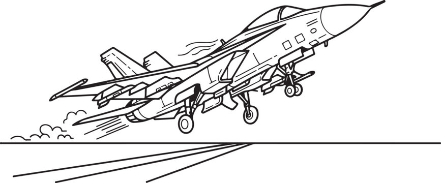Line Art Illustration of a Fighter Jet Taking Off from a Runway