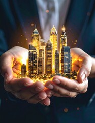 Hands holding a glowing miniature city symbolizing future urban development and investment.