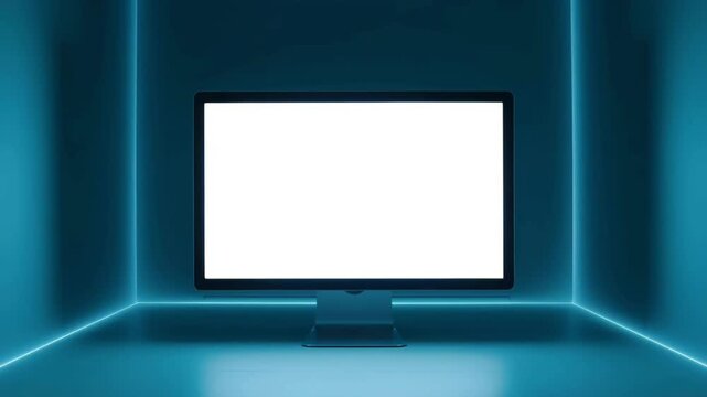 Modern computer monitor with a blank white screen in a dark room with blue neon light accents