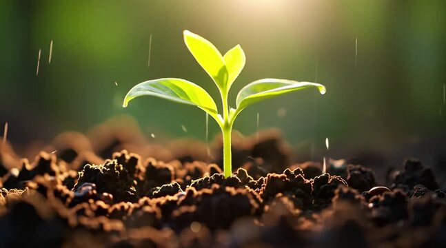Vibrant green seedling growing in fertile soil being gently watered under warm dramatic backlighting symbolizing growth and new life