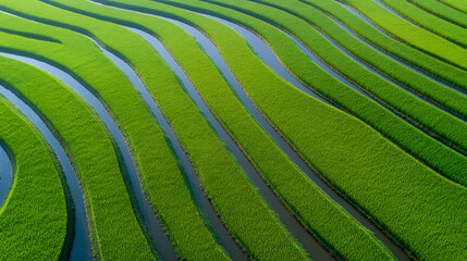Fototapeta premium Aerial view of terraced fields with vibrant green rice paddies separated by water channels showcasing agricultural beauty and sustainable farming practices across the landscape.