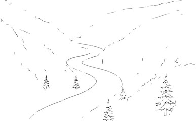 Fototapeta premium Minimalist Hand-Drawn Sketch of a Winding Ski Slope in a Mountain Landscape with Evergreen Trees
