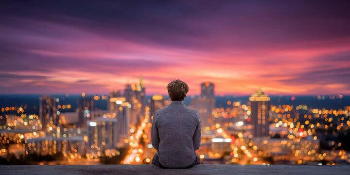 Young man sitting overlooking city skyline at sunset with colorful sky