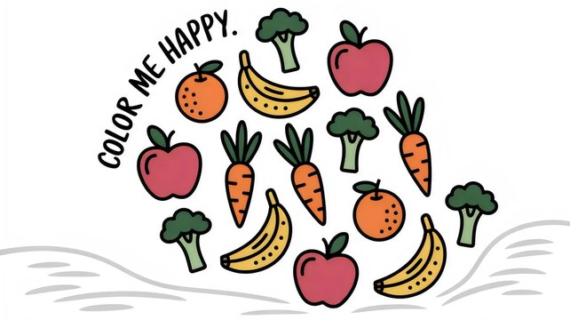Fruits and vegetables in repeating patterns with “Color Me Happy” text, coloring book illustration – Ideal for food-related educational pages or creative design projects