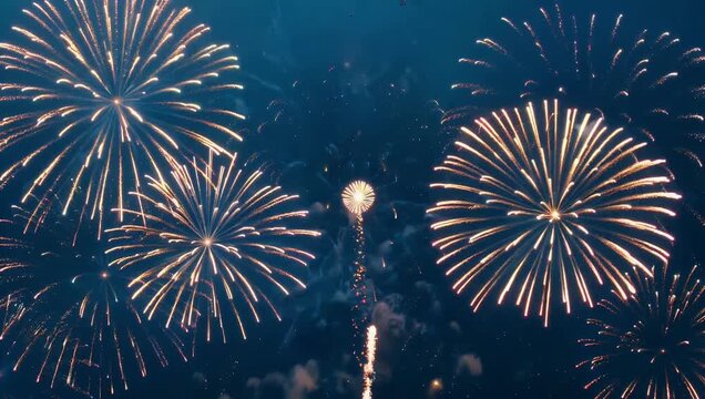 mesmerizing 4k ultra hd abstract animation colorful digital fireworks exploding deep blue background symbolizing holiday excitement joy creativity perfect celebratory intros national festivals