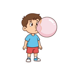 Young Boy Blowing Pink Bubble Gum Cartoon Character Isolated on Black Background