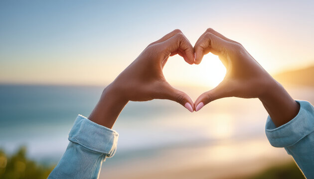 Sunset heart hands sunset heart hands beach ocean silhouette love romance - Powered by Adobe