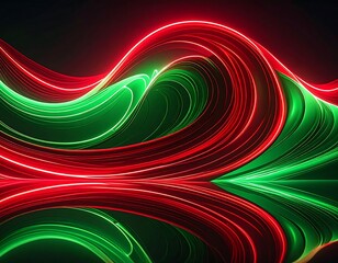 Abstract, glowing, wavy lines in red and green against a dark background