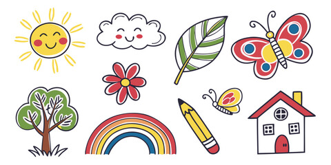 Hand drawn kids style icons sun cloud tree flower rainbow