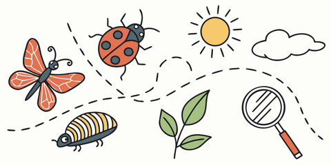 Kids drawing style bug hunt icons with butterfly ladybug sun
