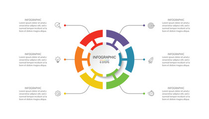 Business visualization infographic circle design template with 6 options, steps or processes. Business presentation.	