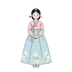 Young Woman in Traditional Korean Hanbok Dress with Floral Embroidery and Elegant Hairstyle Standing Peacefully