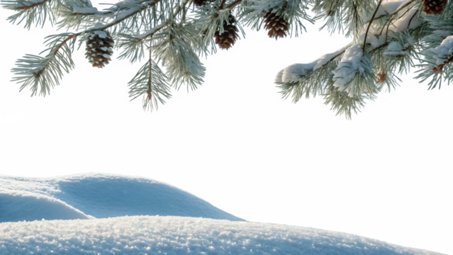 Frosted pine tree branches with cones are heavily covered in white snow, resting on clean snowdrifts, isolated on a transparent background. - Powered by Adobe