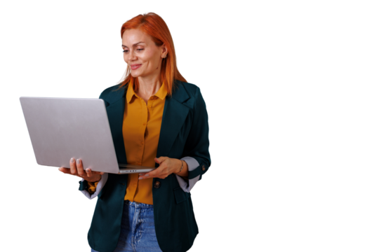 Confident redhead businesswoman working remotely with laptop, communicating online, transparent background