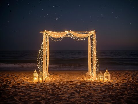 Romantic beach wedding setup under starry night sky with glowing lights and lanterns creating a magical ambiance for unforgettable memories and celebrations