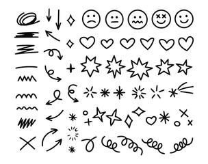 doodle, hand drawn, sketch, illustration, icon, symbol, shape, line, arrow, heart, star, circle, scribble, zigzag, wavy, explosion, speech bubble, smiley, sad, confused, happy, cross, mark, collection