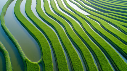 Fototapeta premium Aerial view of undulating verdant rice terraces. The paddy fields showcase an intricate pattern of parallel lines, creating a picturesque landscape. Serene waters reflect the lush vegetation.