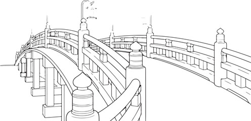 Line Art Drawing of a Traditional Arched Bridge with Decorative Railings