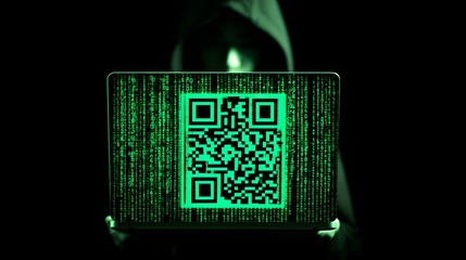 Anonymous figure displays glowing quick response code over digital flowing data stream