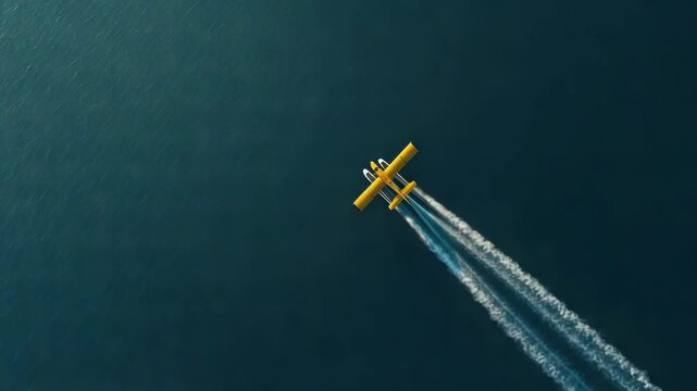 Yellow seaplane flying over deep blue ocean with contrail