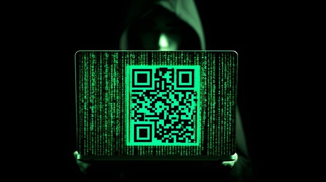 Anonymous figure displays glowing quick response code over digital flowing data stream